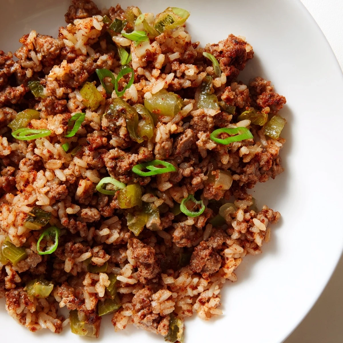 Steaming plate of Cajun Dirty Rice, a hearty Southern meal with savory meat and vegetables.