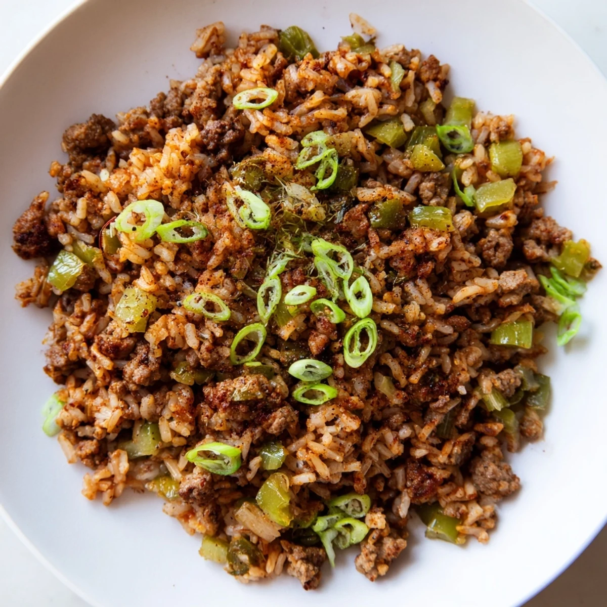 Close-up shot shows the delicious texture of Cajun Dirty Rice garnished with fresh green onions.