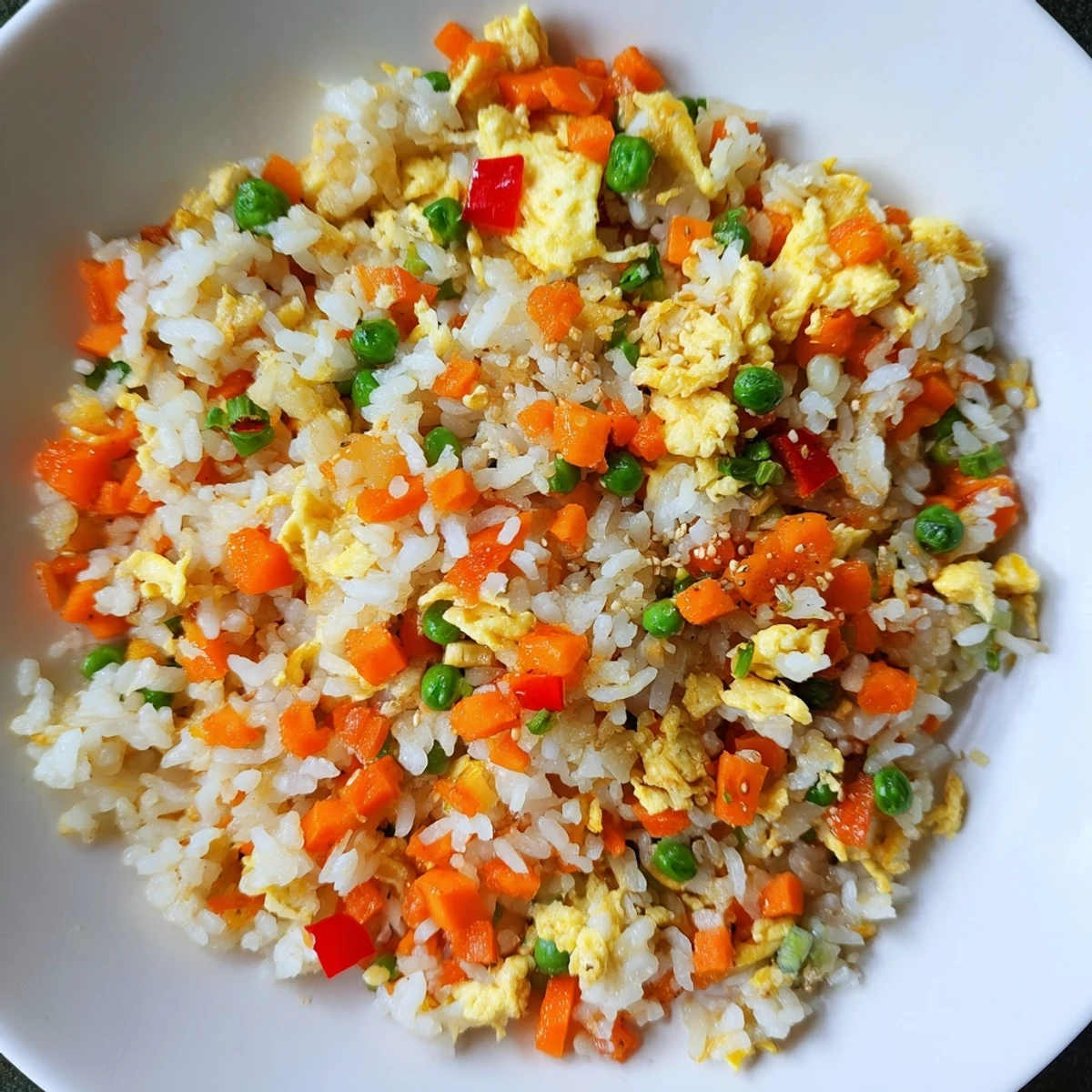 A close-up of steaming Egg Fried Rice, showcasing tender scrambled eggs and soy-glazed rice.