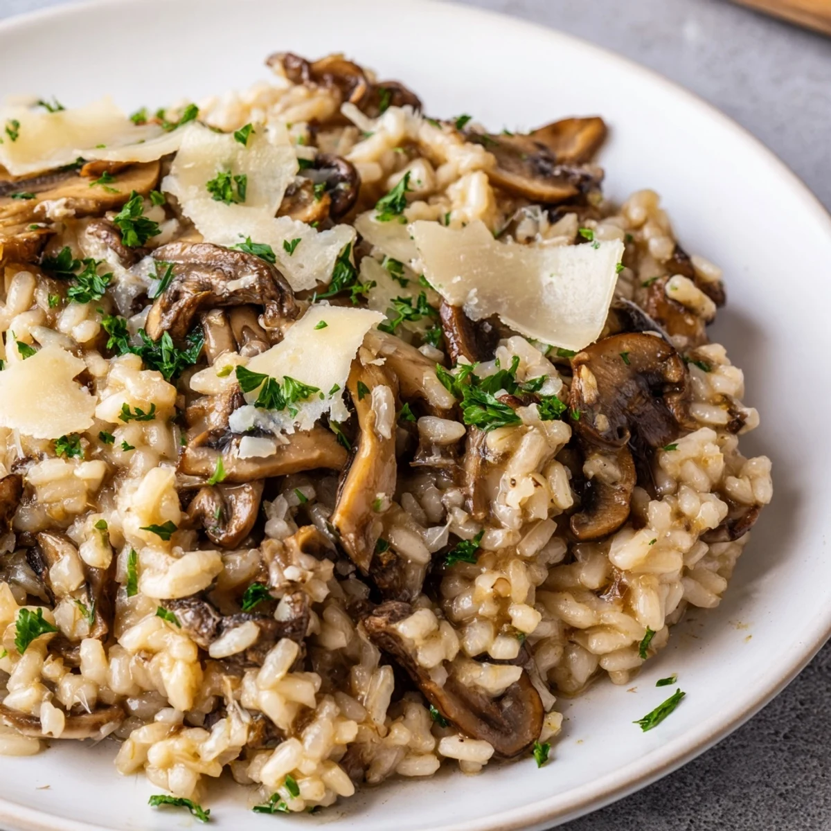 Creamy risotto with mushrooms in a bowl, sprinkled with fresh parmesan cheese and parsley.