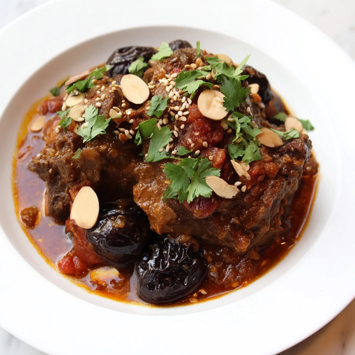 Fragrant Moroccan lamb tagine with prunes and almonds, rich stew served with fluffy couscous.