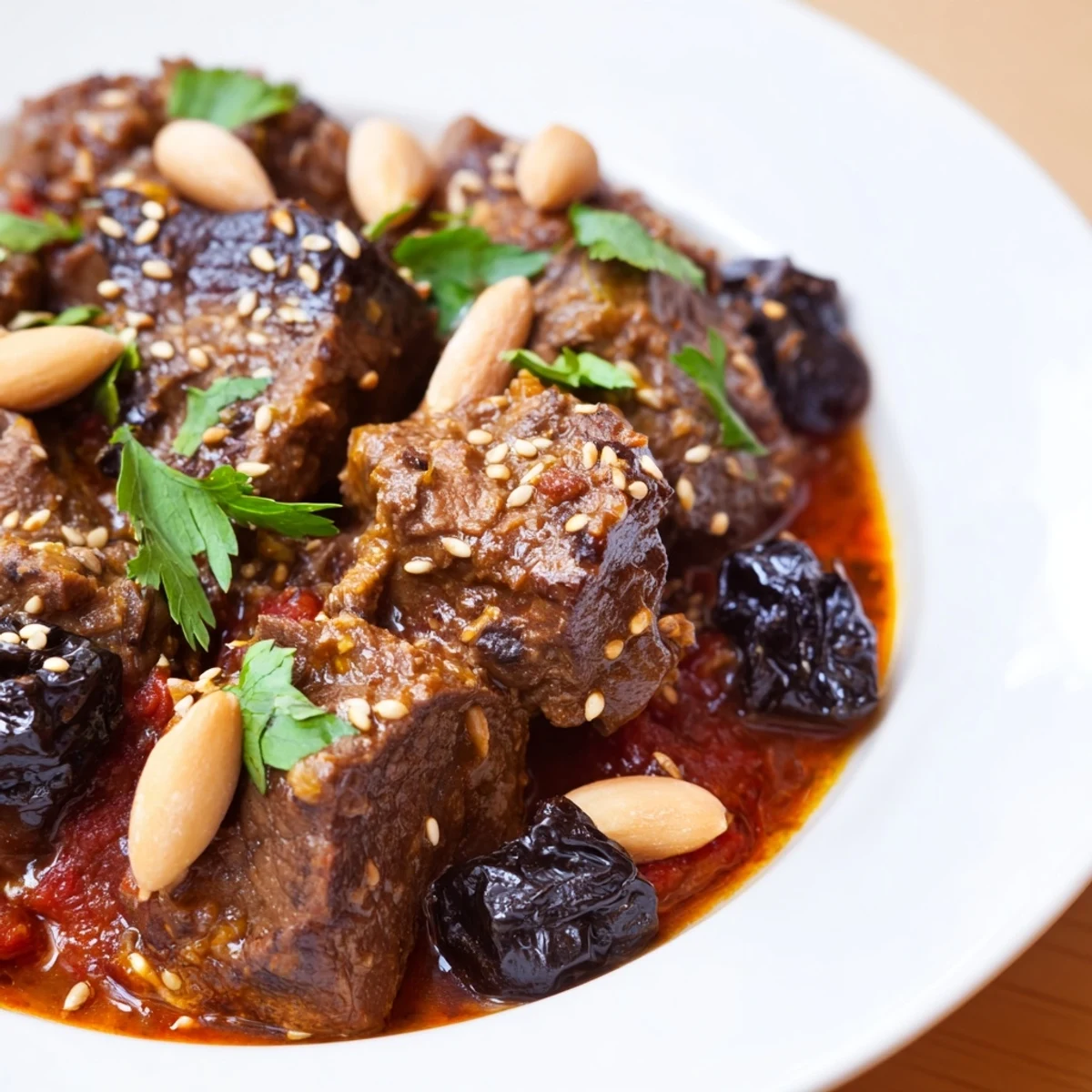 Tender lamb in a flavorful Moroccan tagine, studded with sweet prunes and toasted almonds.