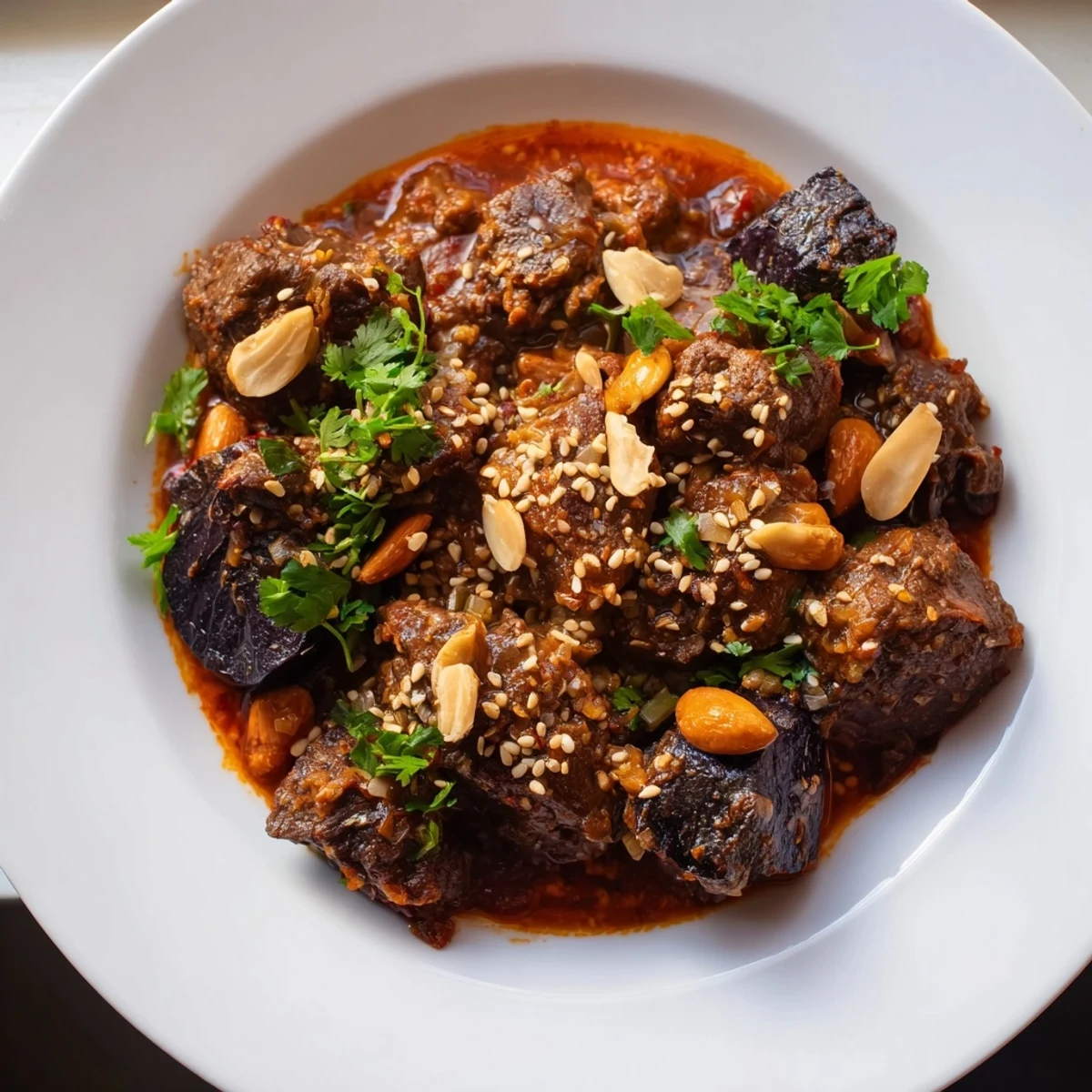 A close-up view of a steaming Moroccan lamb tagine, savory and sweet, ready to enjoy.