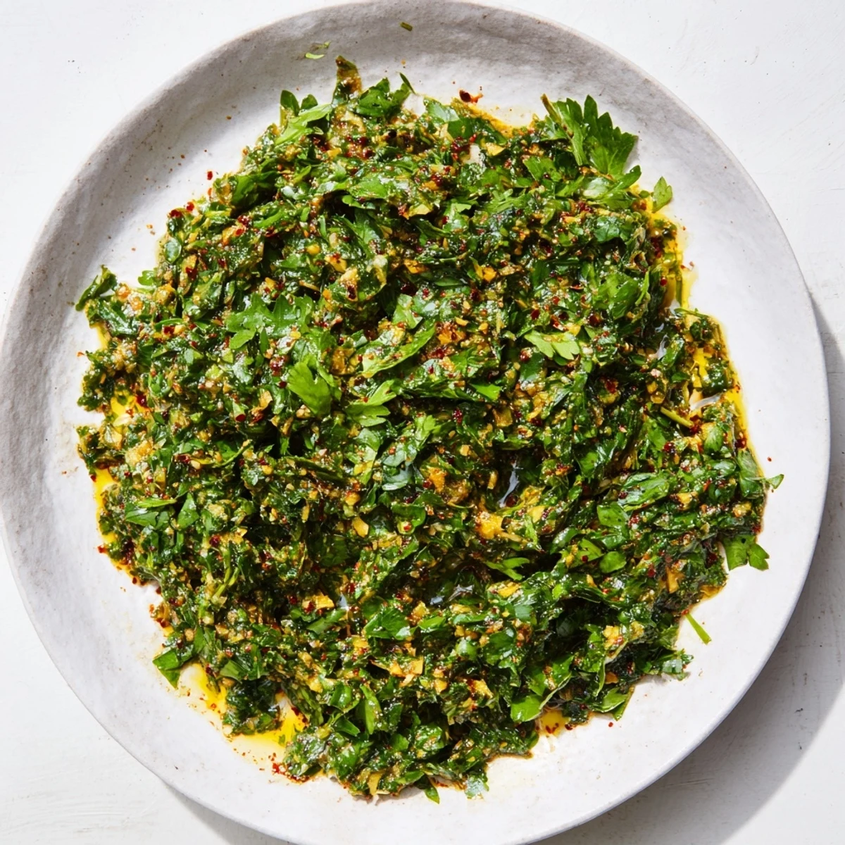 Bright green Moroccan Chermoula Marinade with fresh herbs and spices, ready to coat fish fillets.