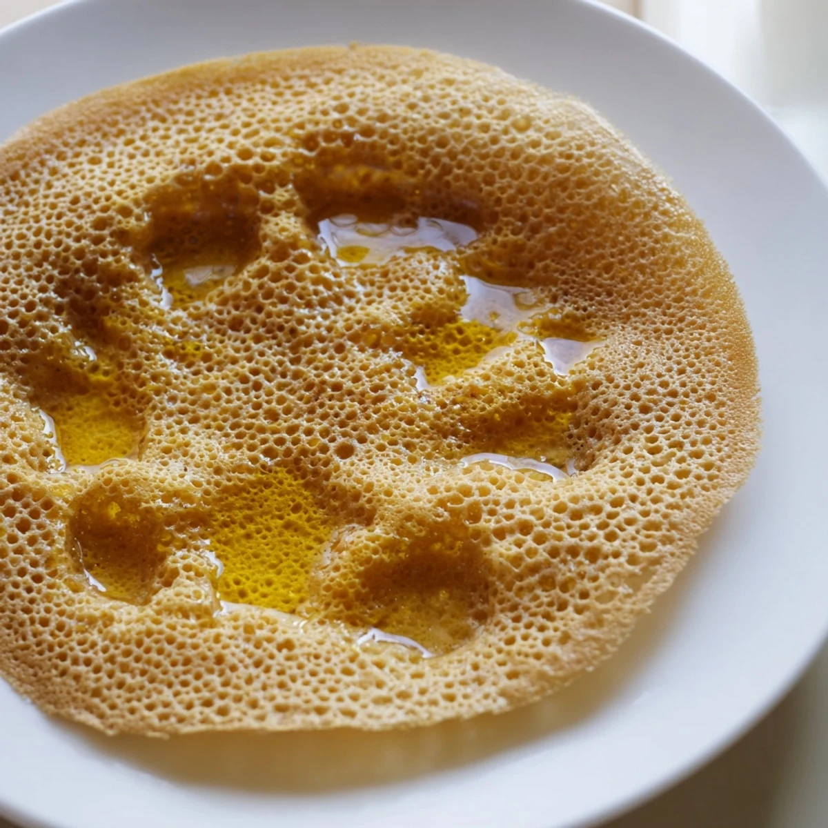 Golden, bubbly Moroccan Baghrir crepes are ready, drizzled with sweet, melted butter and honey.
