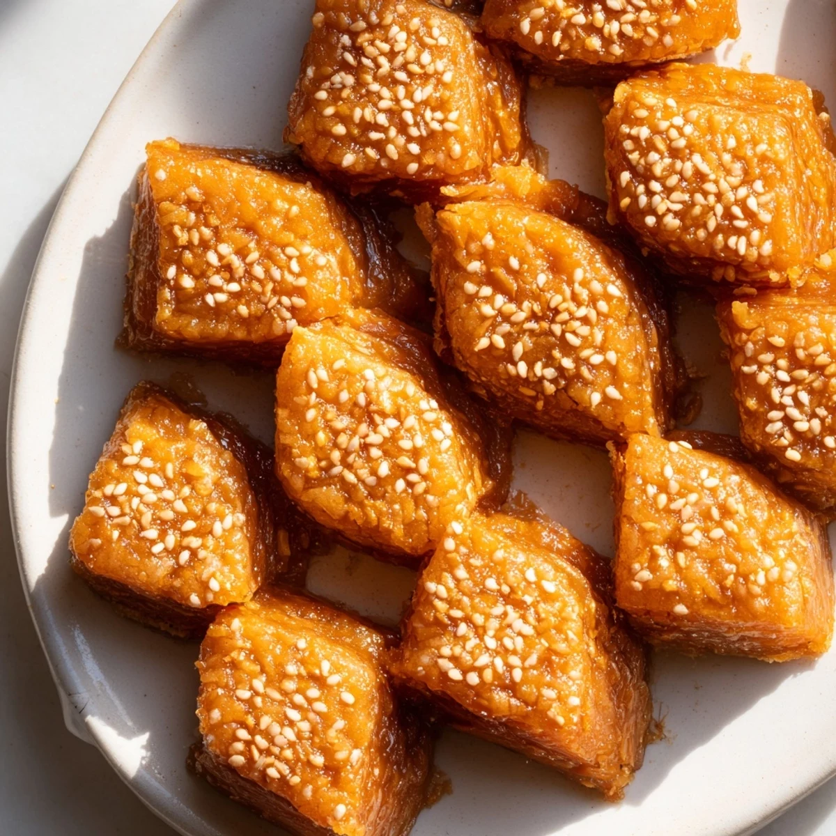 Close-up of diamond-shaped Tunisian Makroudh, showcasing a spiced date filling and flaky semolina crust.