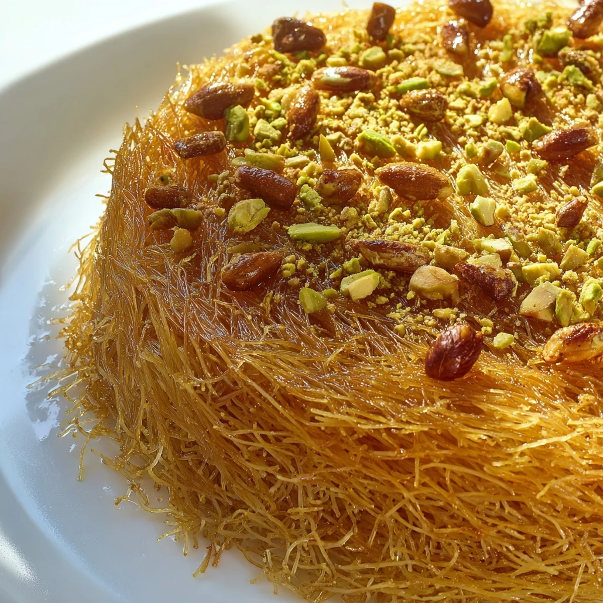 Golden, crispy Egyptian Konafa with a glistening honey syrup, ready for slicing and enjoying.