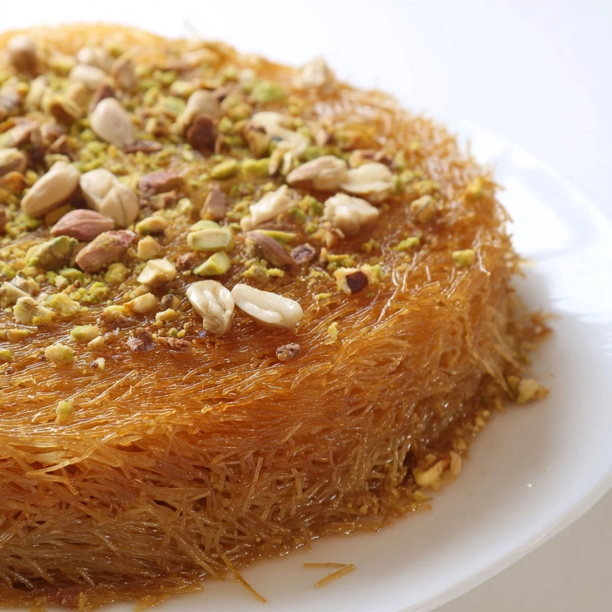Warm, aromatic Egyptian Konafa dessert layered with nuts, baked to a delicious, golden perfection.