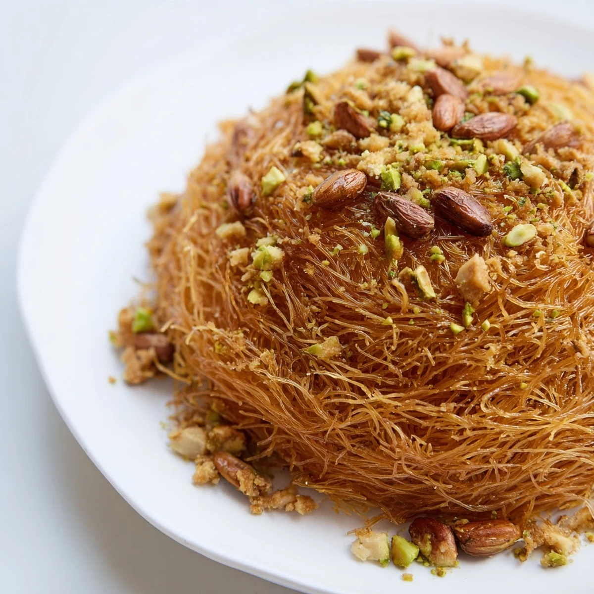 Sweet and nutty Egyptian Konafa, a traditional dessert drizzled with honey, ready to serve and savor.