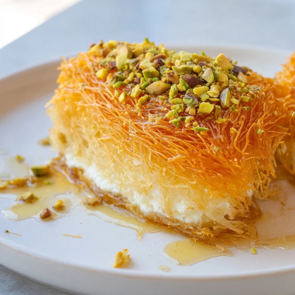 Golden-brown Lebanese Knafeh cheese dessert drizzled with sweet syrup, ready to enjoy.