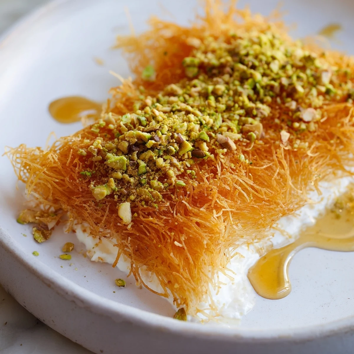 A close-up of crispy, buttery shredded phyllo around a warm, cheesy Knafeh.