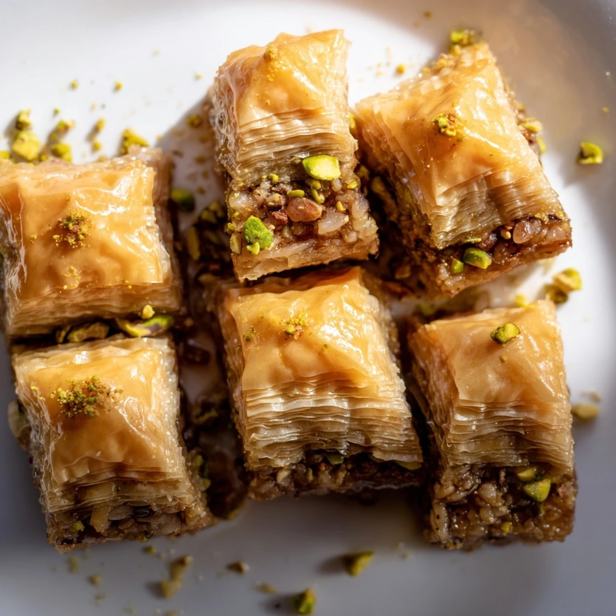 Golden, syrupy Turkish Baklava, glistening, with layers of flaky phyllo and chopped nuts offering a sweet crunch.