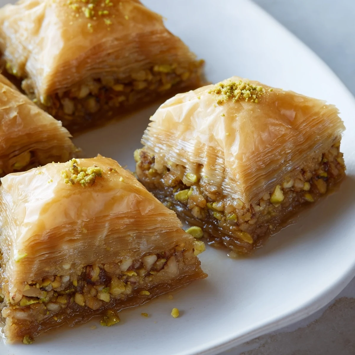 A close-up image showcases freshly baked Turkish Baklava, soaked in honey syrup, highlighting the flaky layers and texture.