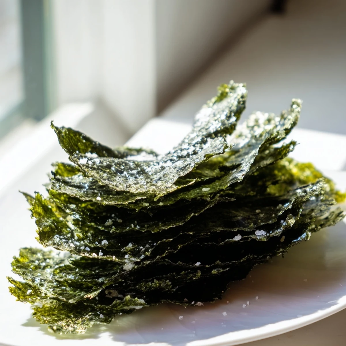 Golden-brown roasted seaweed chips with a light crunch, perfect for a savory vegan snack.  