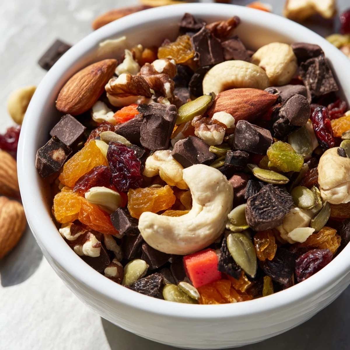 A close-up of the Trail Mix Custom snack blend in a clear jar, highlighting almonds, cashews, and chocolate chips.  