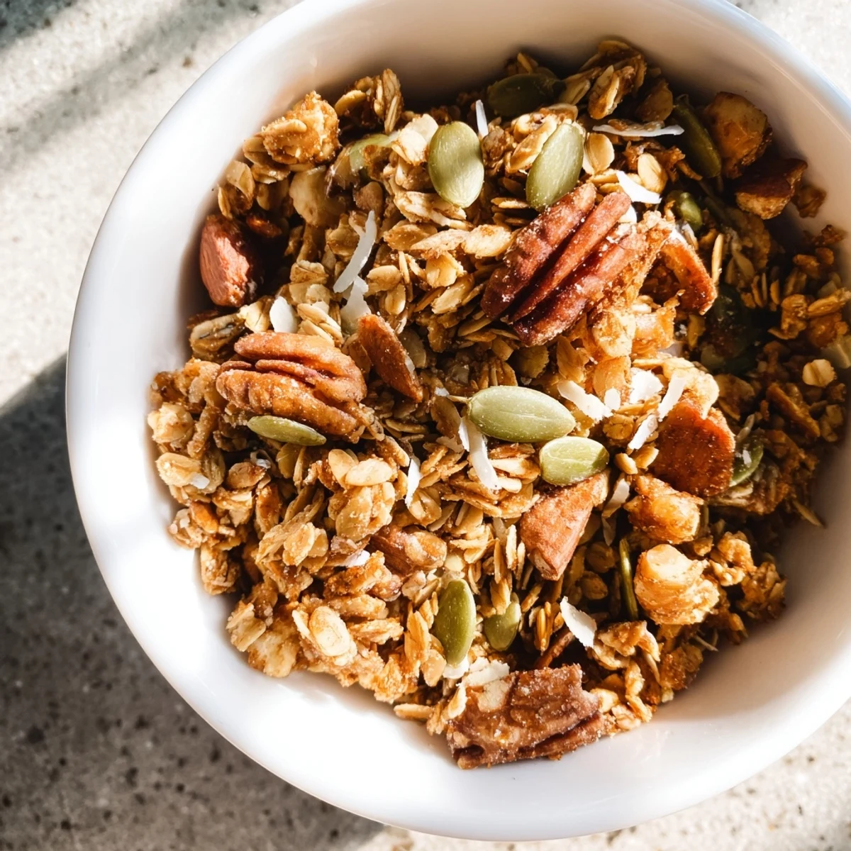 Golden-baked granola clusters, with crunchy oats, nuts, and honey, spill from a baking sheet after cooling.