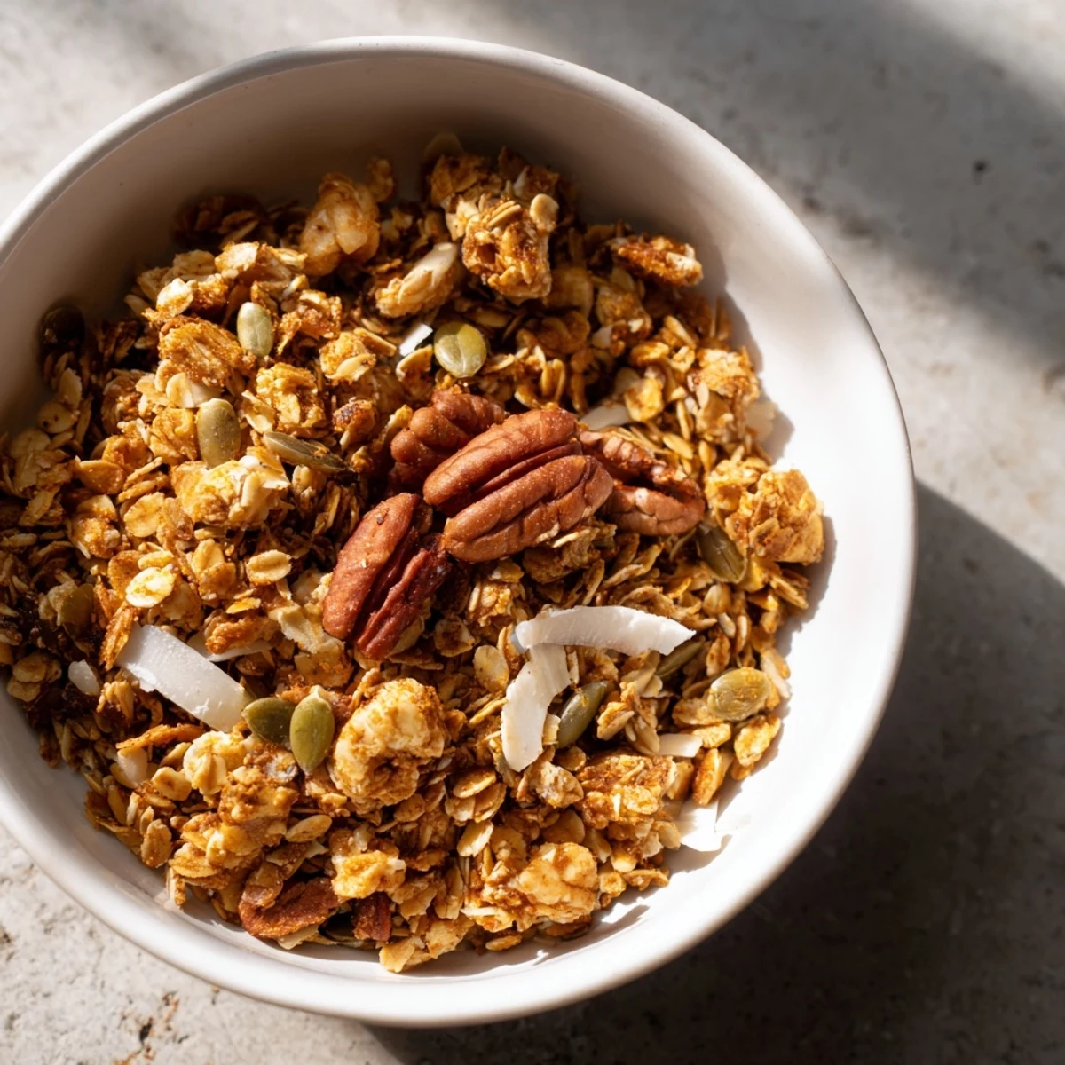 Homemade granola clusters, packed with rolled oats, almonds, and seeds, are perfect for breakfast yogurt.