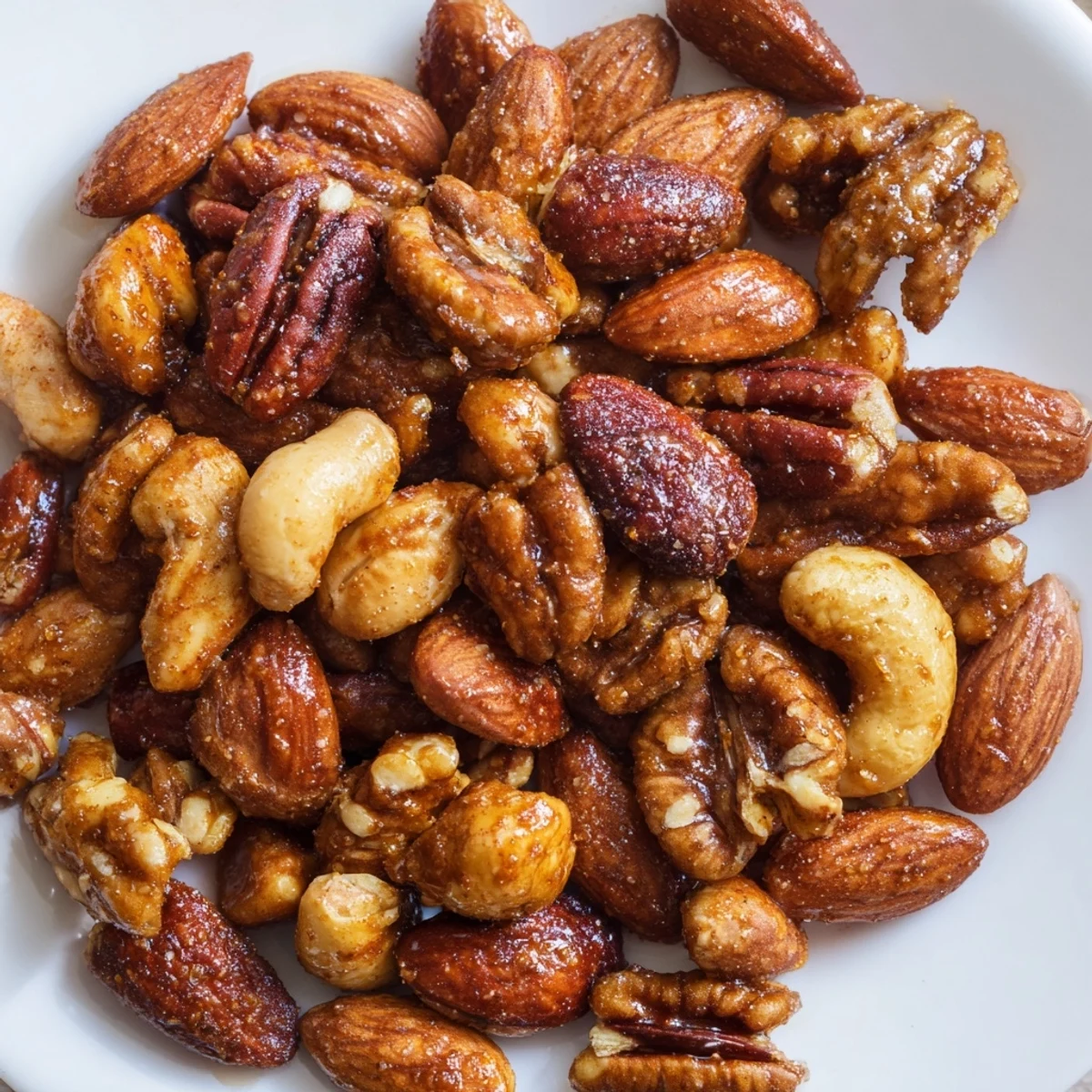 A close-up of golden-brown Spiced Nuts Mix glistening with honey and spices on a wooden board.