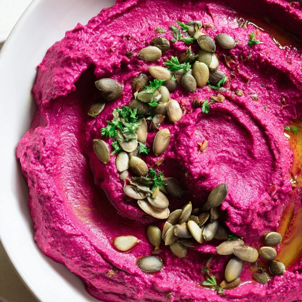 Creamy, vibrantly pink Beet Hummus swirled in a bowl with olive oil, toasted pumpkin seeds, and fresh parsley for dipping.