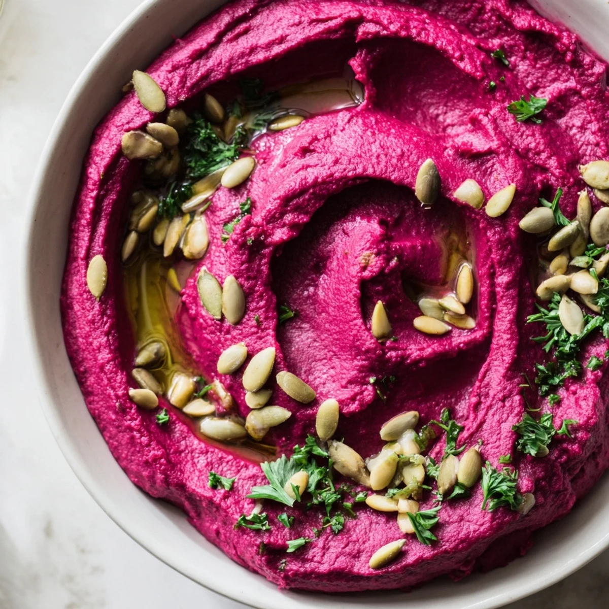 A scoop of vivid pink Beet Hummus surrounded by crisp veggies, warm pita wedges, and a sprinkle of toasted seeds.