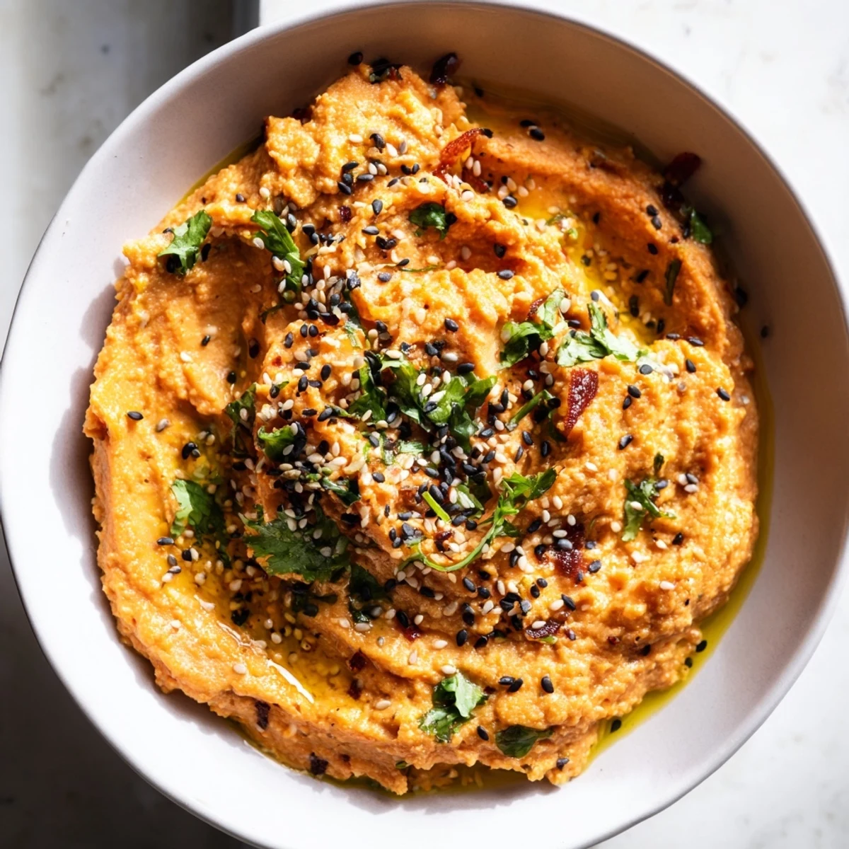 A vibrant bowl of Carrot Ginger Dip garnished with cilantro and sesame seeds, ready for dipping.