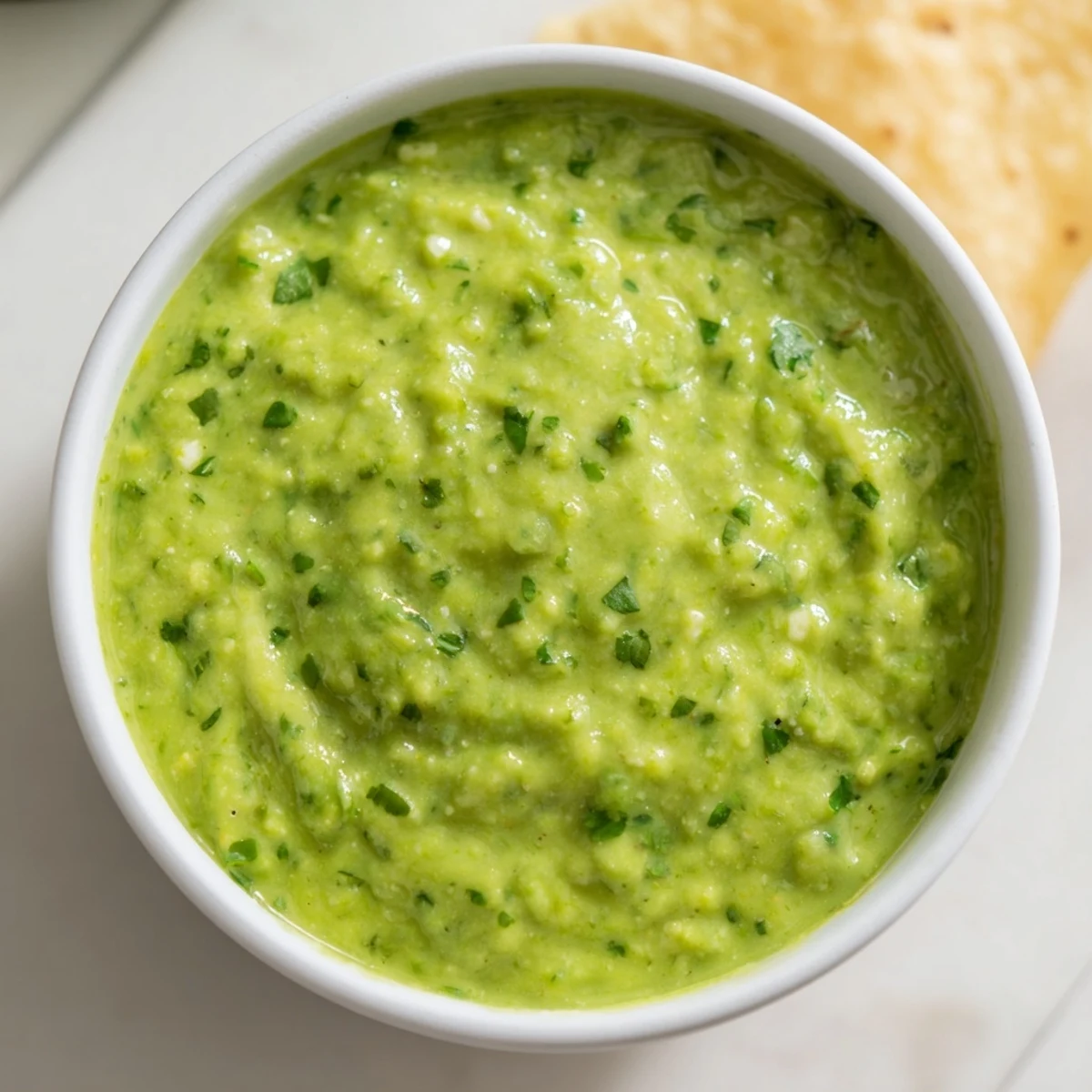 A close-up of creamy avocado lime dip in a rustic bowl, garnished with cilantro and lime zest, served with tortilla chips.