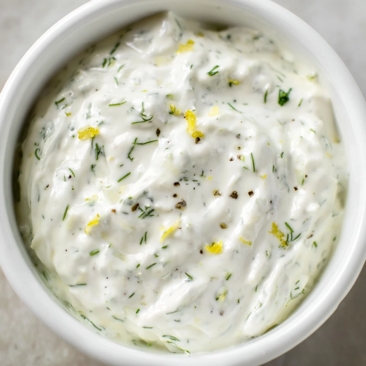 A close-up of creamy Greek Yogurt Herb Dip garnished with chopped dill and chives, served with pita chips and fresh vegetables.  