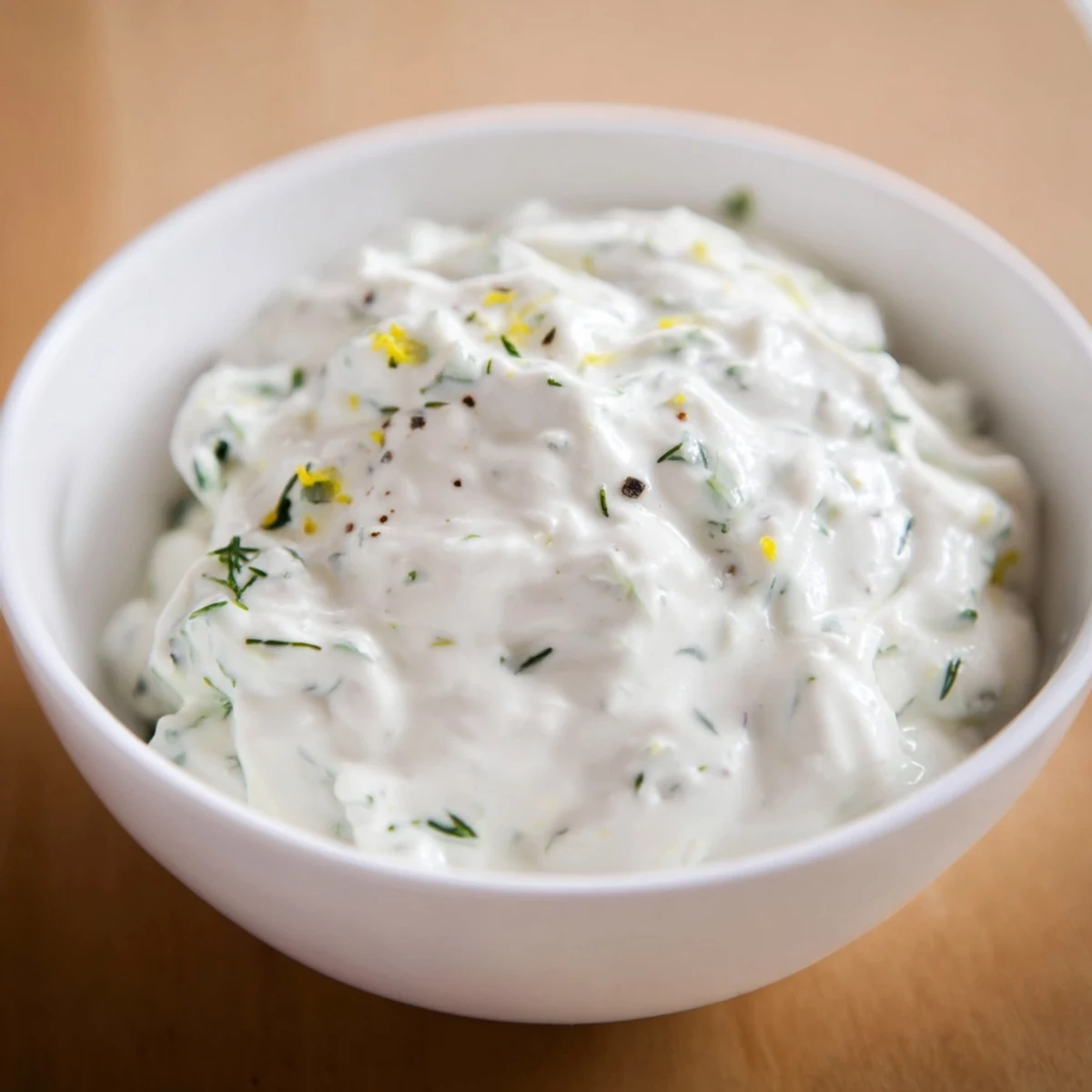 Bright white Greek Yogurt Herb Dip in a rustic bowl, surrounded by colorful cucumber slices, carrot sticks, and crackers for dipping.  