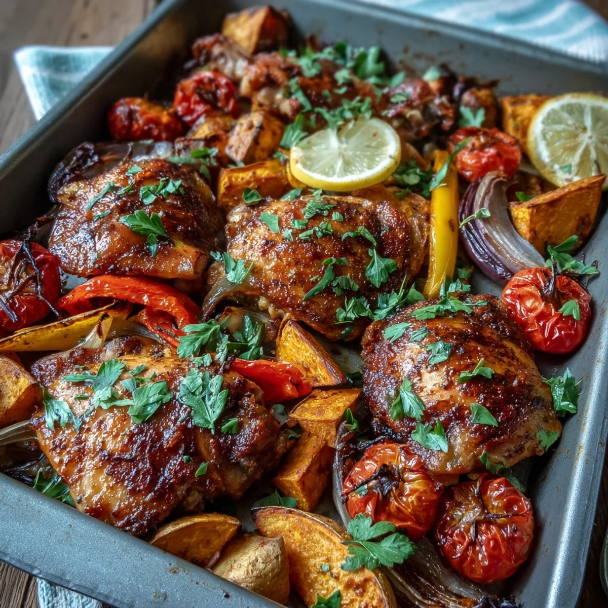 Juicy piri-piri chicken thighs and caramelized sweet potatoes in a vibrant traybake, with red onions and peppers roasted to golden perfection.