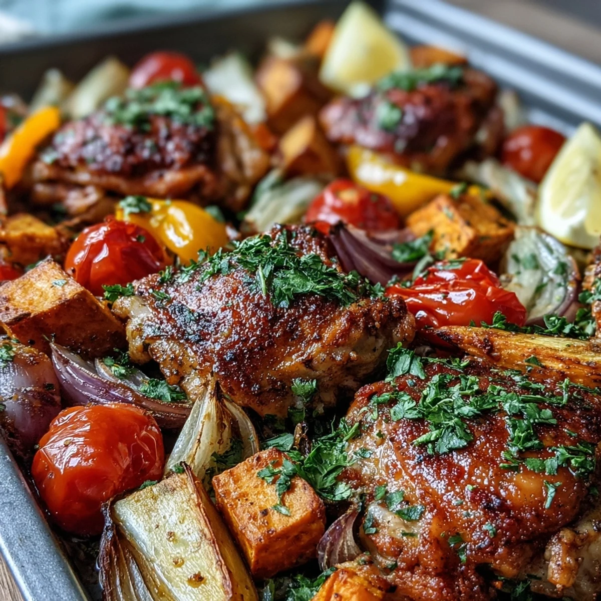 One-pan dinner of tender piri-piri chicken alongside sweet potatoes, bell peppers, and onions, served family-style with fresh parsley and lemon.