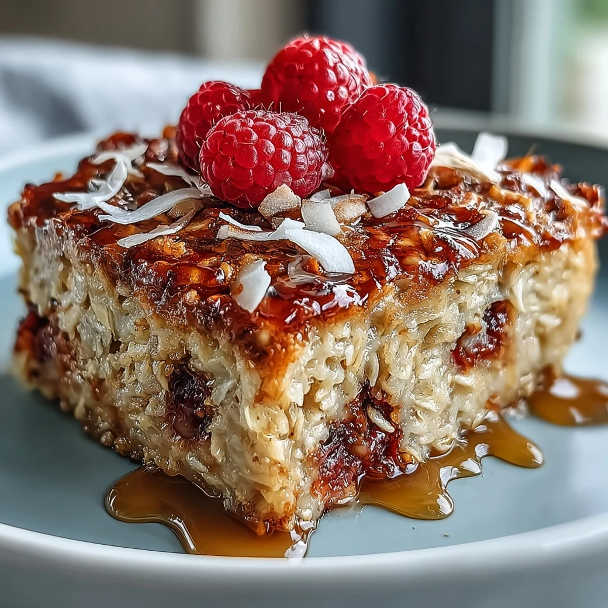 Golden-brown Baked Oatmeal with Raspberry and Coconut topped with fresh berries and toasted flakes.