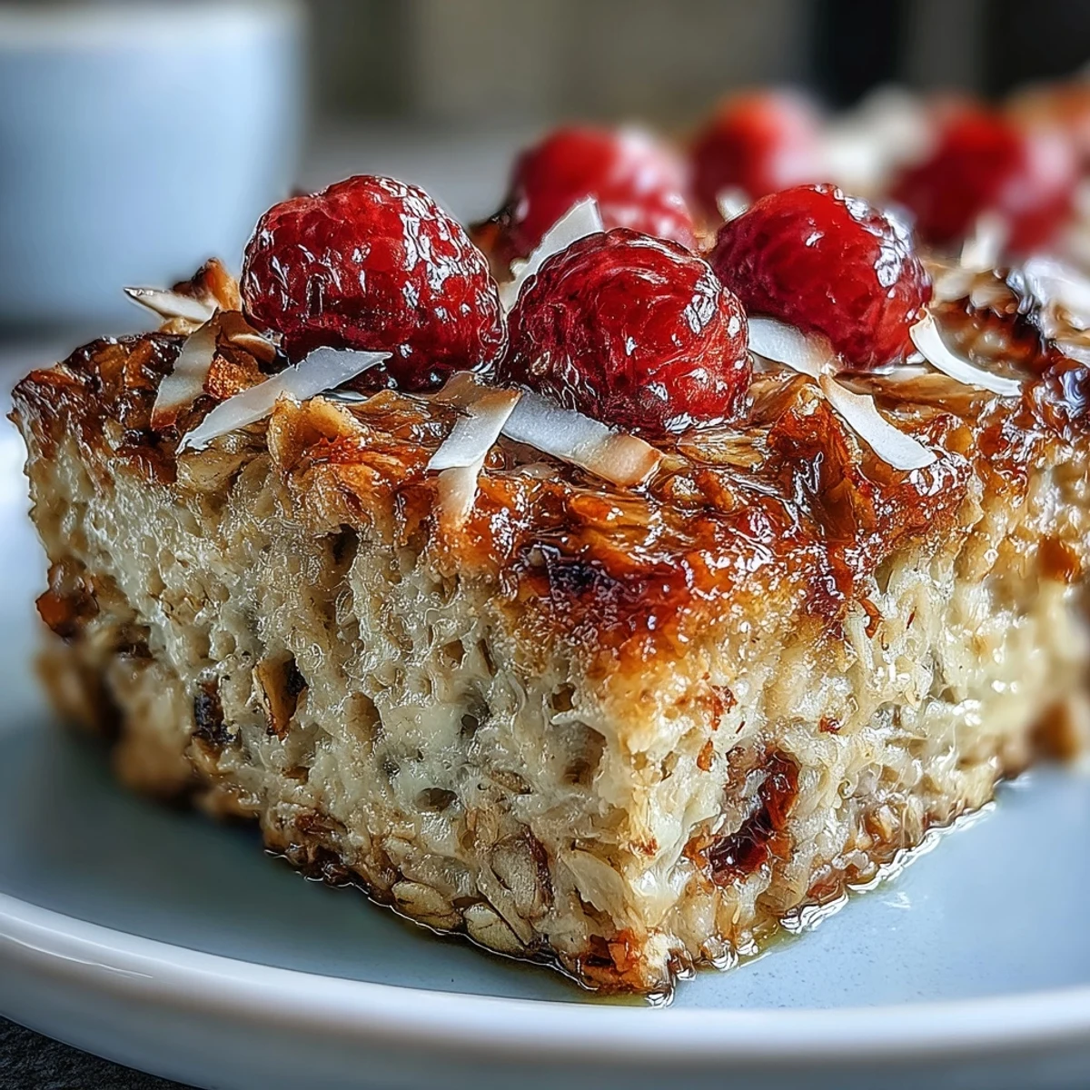 A close-up of a generous slice of Baked Oatmeal with Raspberry and Coconut on a plate.