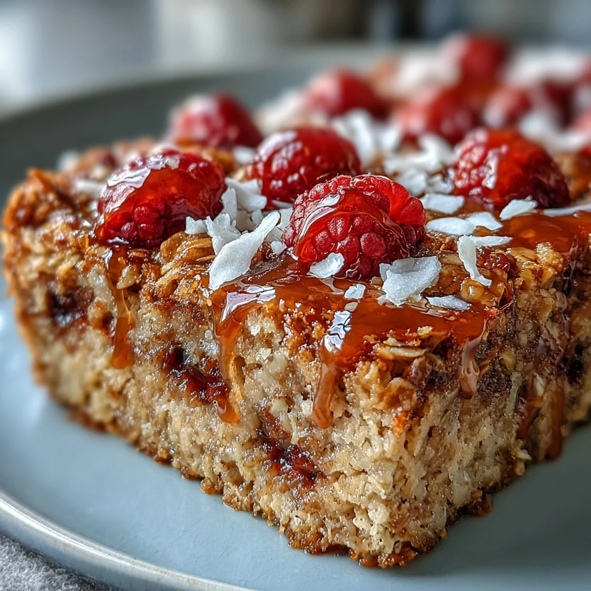 Warm Baked Oatmeal with Raspberry and Coconut served in a dish with a splash of almond milk.