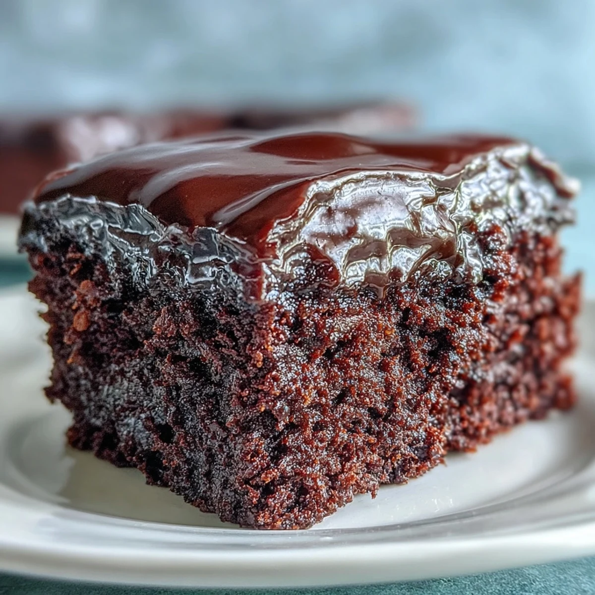 Slice of Easy Chocolate Fudge Cake served with fresh raspberries and a dollop of whipped cream.