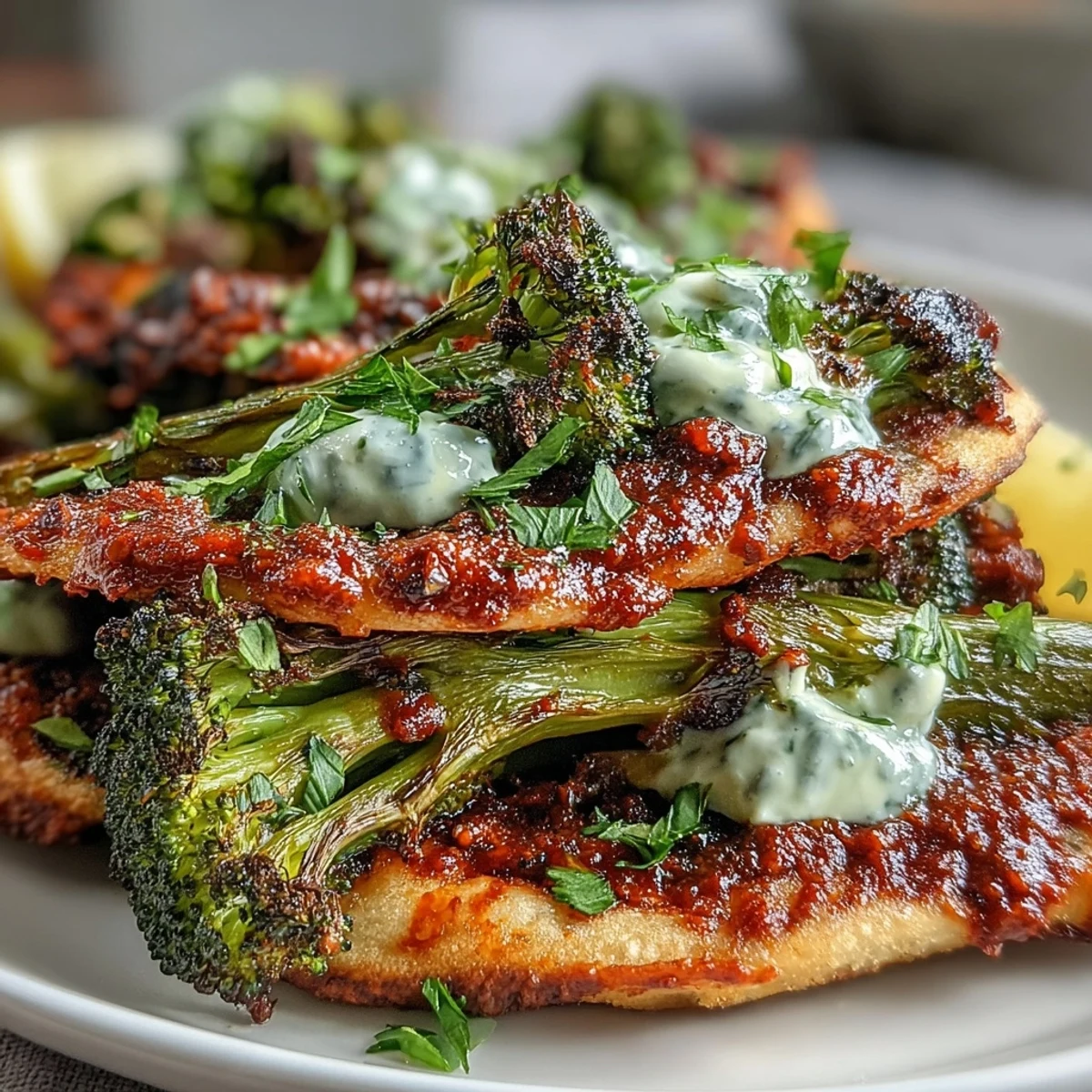 Roasted Harissa Broccoli and Flatbreads topped with Greek yogurt and fresh cilantro on a rustic table.