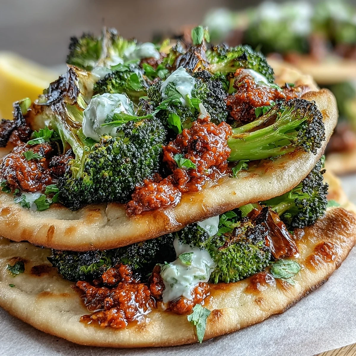 Golden Harissa Broccoli and Flatbreads with lemon wedges and a dollop of yogurt for a spicy weeknight meal.