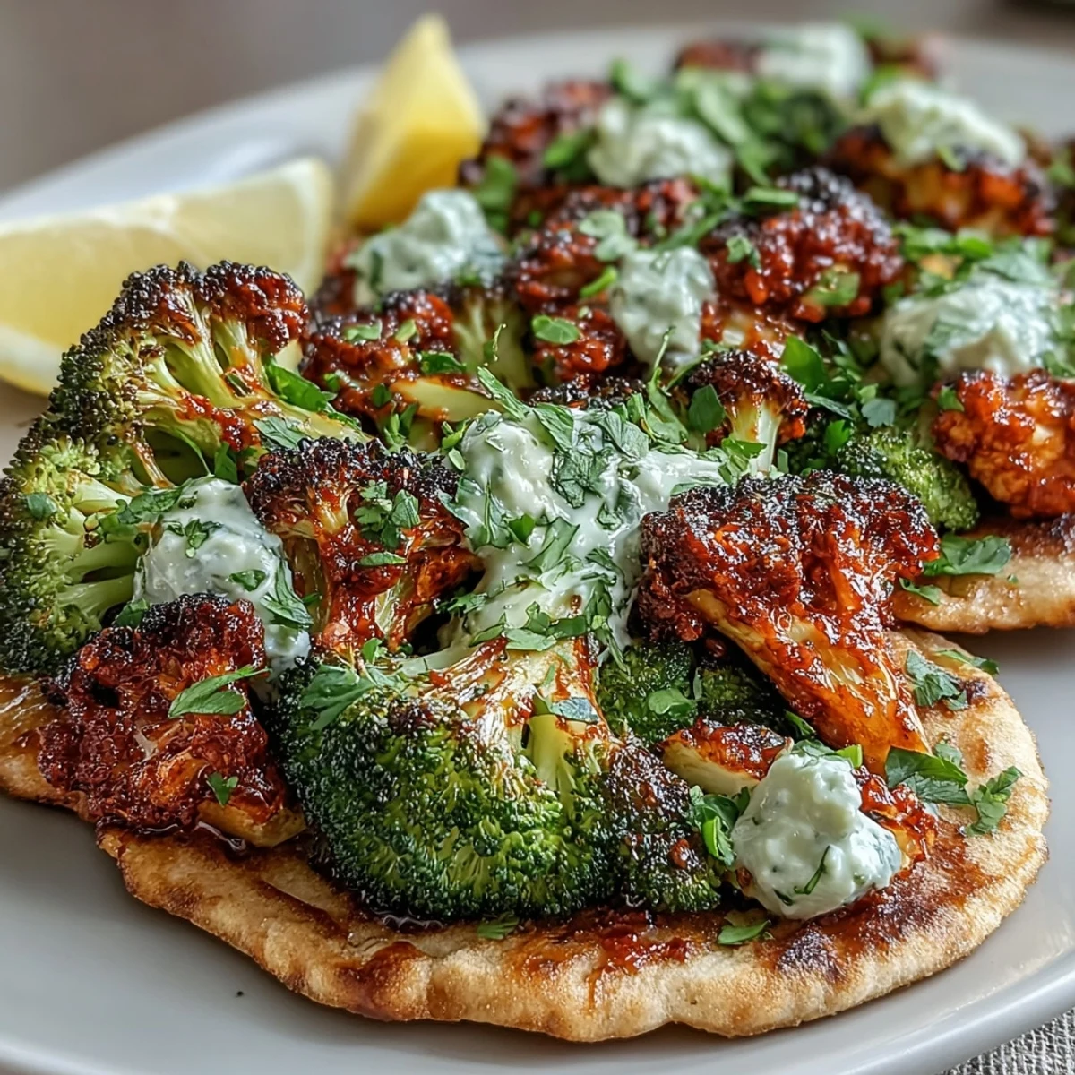 Roasted Harissa Broccoli and Flatbreads with charred florets and warm flatbreads ready for a vegetarian dinner.