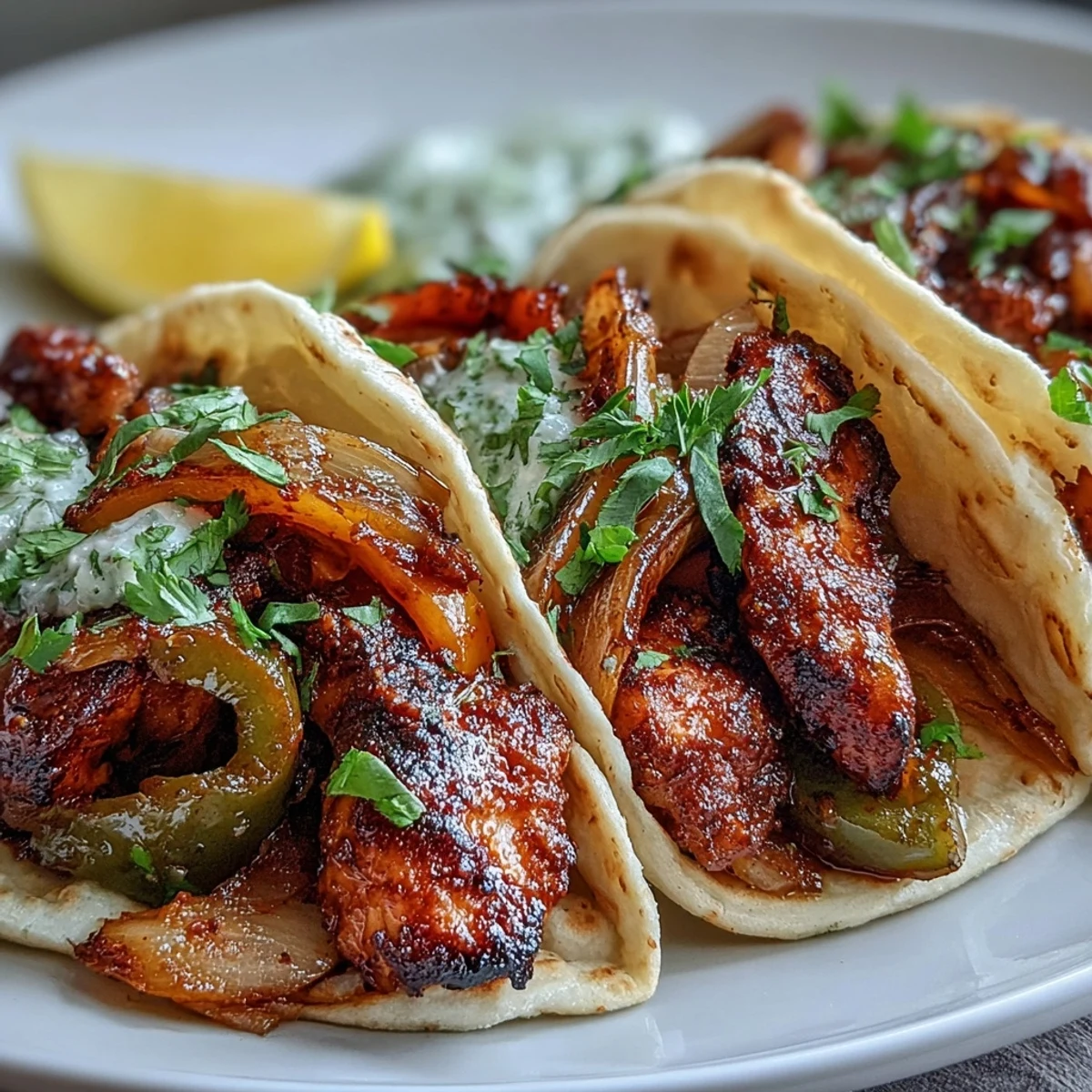Freshly assembled Easy Chicken Fajitas loaded with juicy meat and veggies, ready to be topped with sour cream and cilantro.