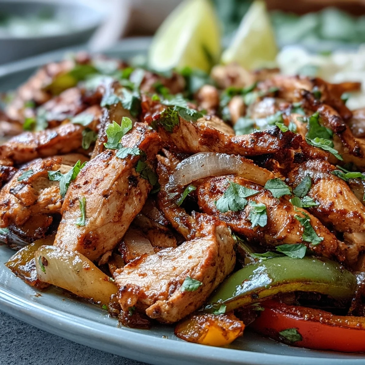 Sliced ingredients for Easy Chicken Fajitas, including raw chicken and colorful bell peppers, arranged on a wooden cutting board.