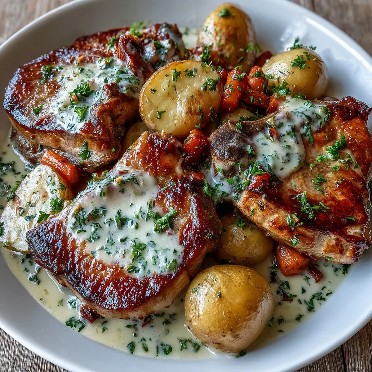 Golden-seared Crockpot Ranch Pork Chops smothered in creamy gravy with tender potatoes and carrots in a rustic slow cooker.