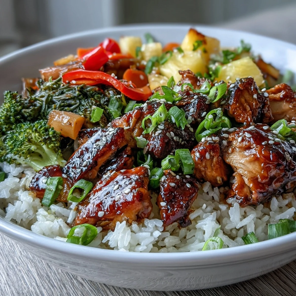 A beautiful Japanese-American Teriyaki Chicken and Rice Bowl topped with colorful stir-fried veggies.