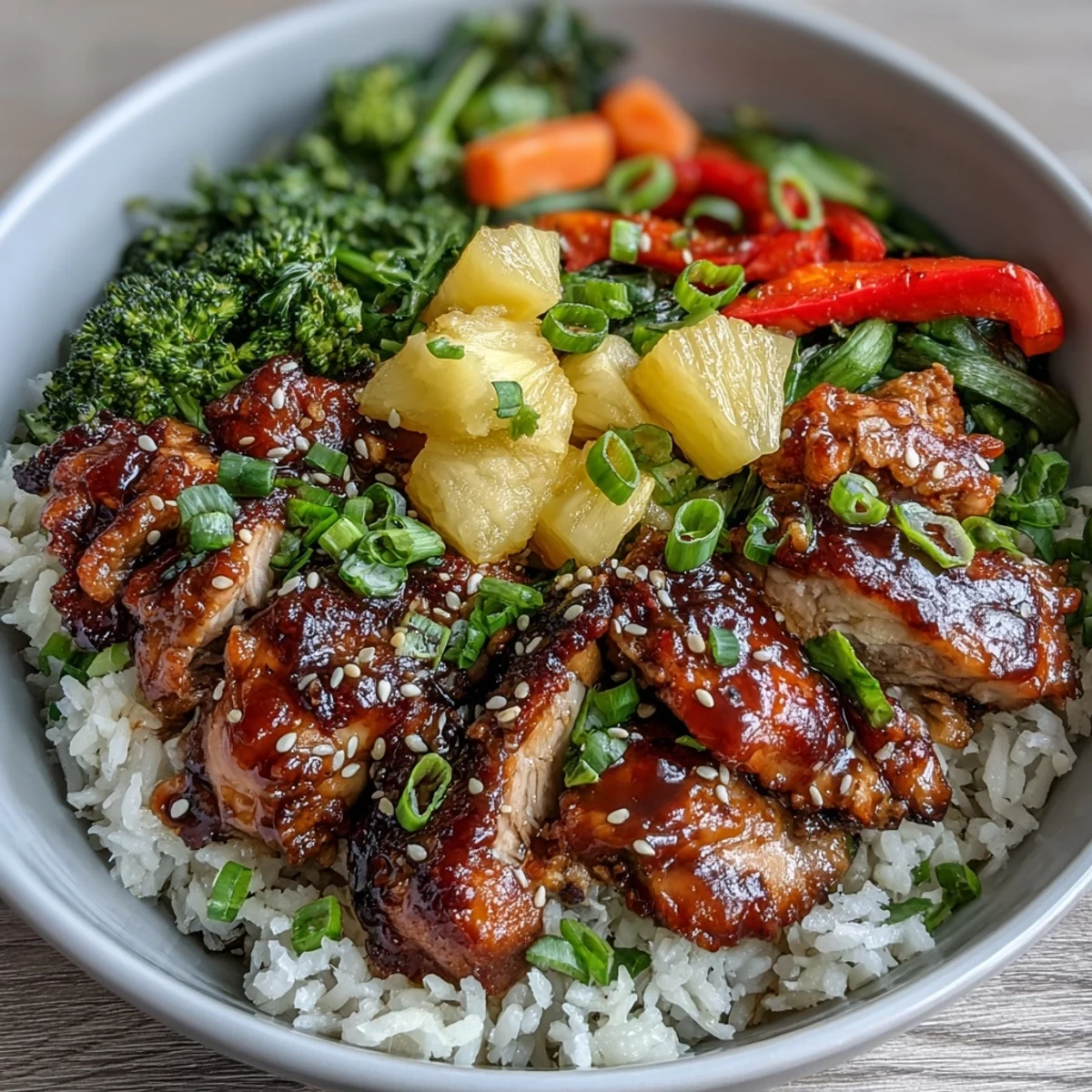 Bright diced pineapple and toasted sesame seeds garnish this hearty Teriyaki Chicken and Rice Bowl.