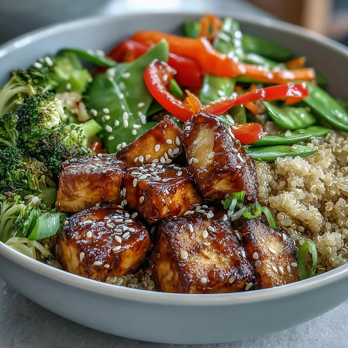 Crispy tofu cubes and vibrant broccoli florets atop fluffy quinoa, all tossed in a glossy homemade teriyaki sauce for a healthy vegan dinner.
