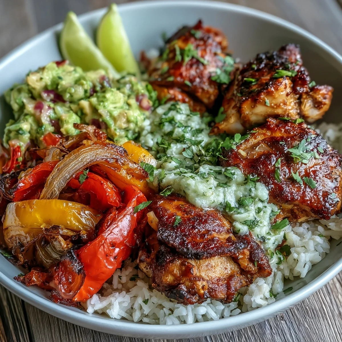 Close-up of a Sheet Pan Chicken Tinga Bowl topped with chunky avocado salsa and fresh cilantro.