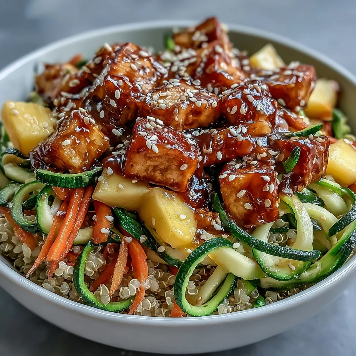 Golden-baked tofu cubes glisten beside bright spiralized zucchini, carrots, and sweet mango in this Easy Teriyaki Quinoa Bowl.