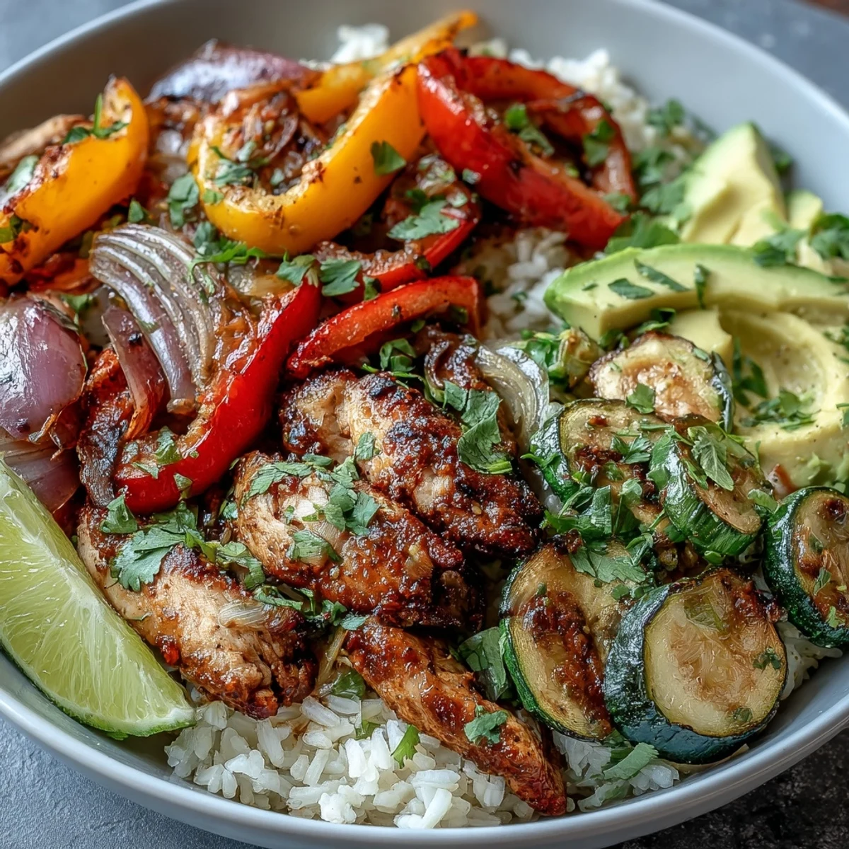 Golden-brown Sheet Pan Fajita Bowl with seasoned chicken, bell peppers, and onions over fluffy cauliflower rice.