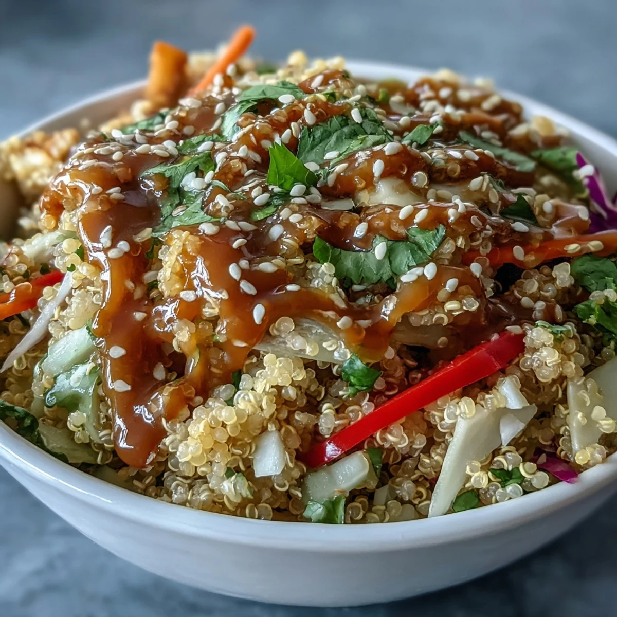 Vibrant Thai Coconut Quinoa Bowl garnished with fresh cilantro and sesame seeds, ready to serve.