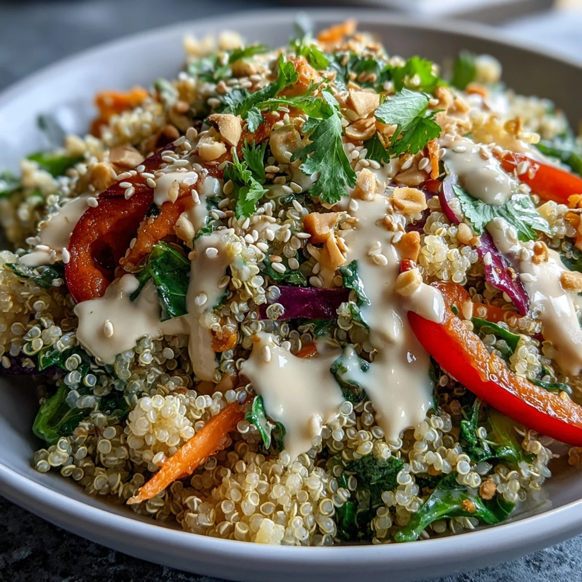 Close-up of Thai Coconut Quinoa Bowl with colorful vegetables and creamy peanut dressing drizzled.