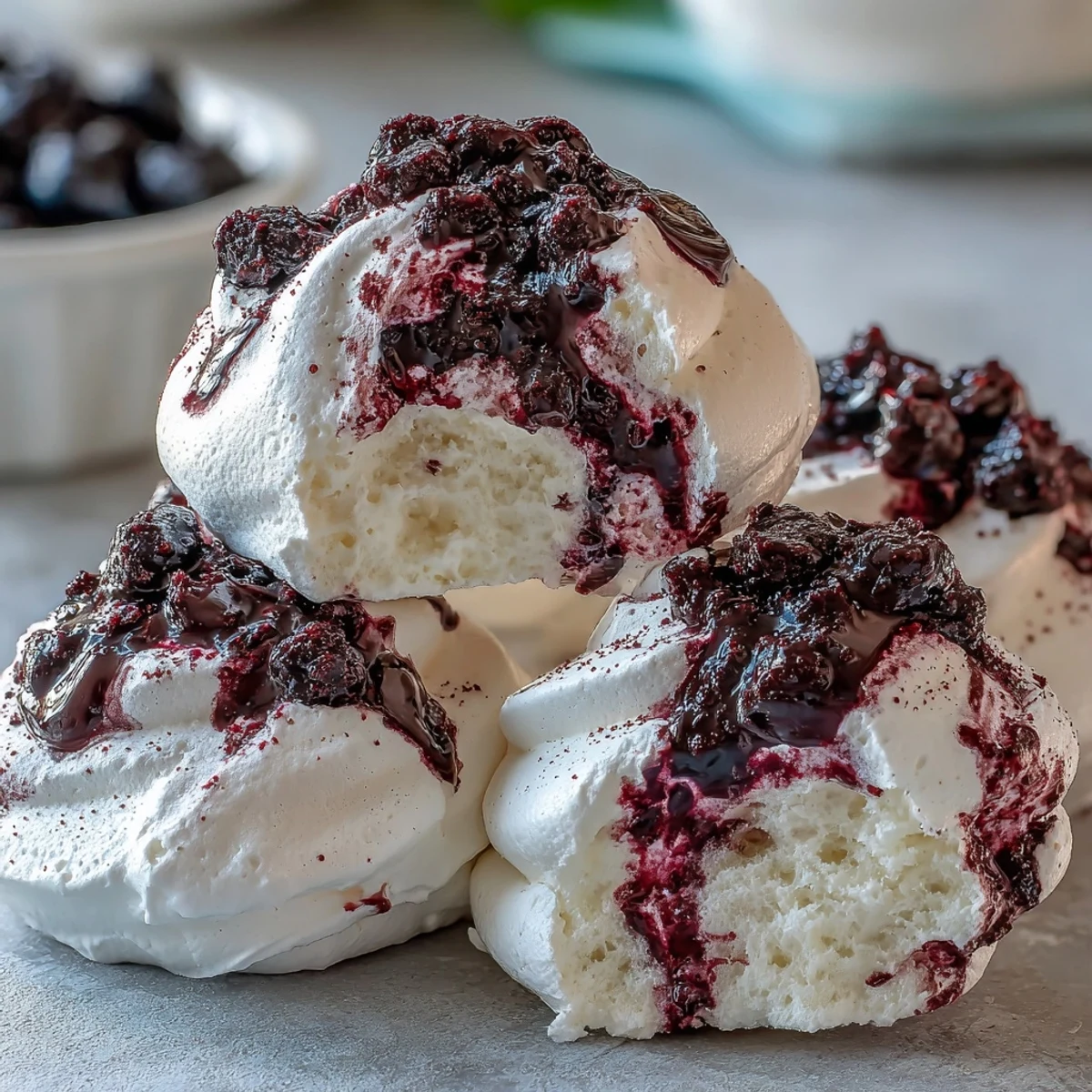 A close-up view of Black Currant Meringues, highlighting the marbled purple powder and glossy peaks on the dessert.