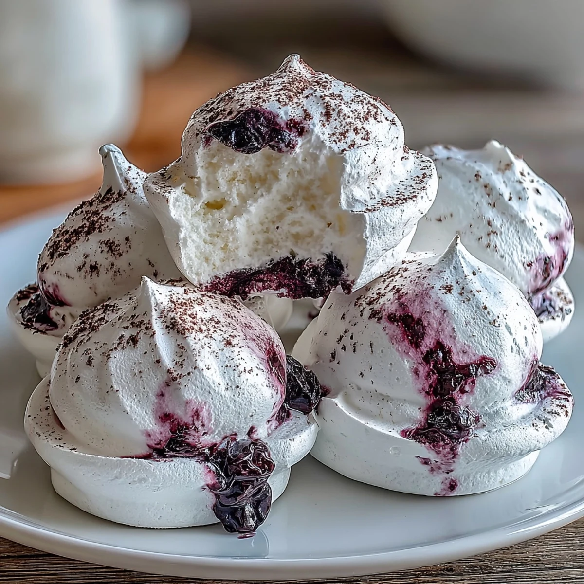 Delicate, crisp Black Currant Meringues arranged on a white plate, showing their vibrant purple swirls and airy texture.